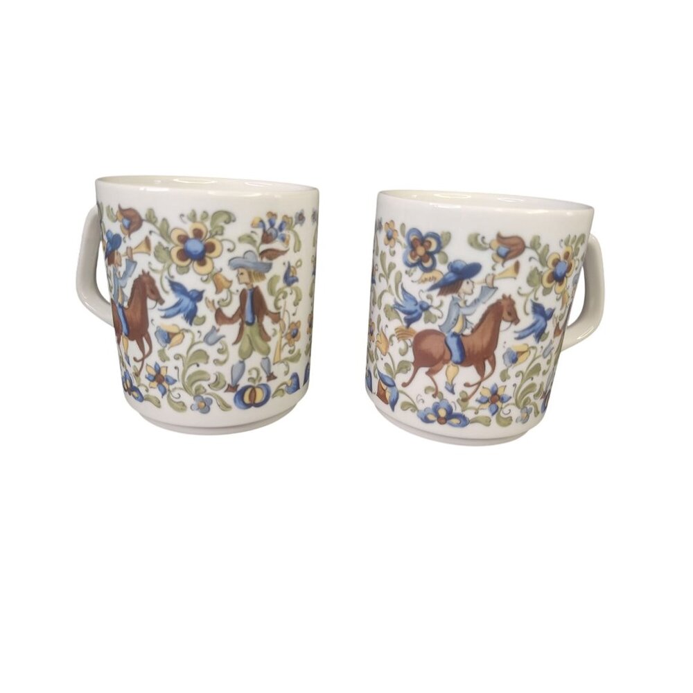 Set of 2 Villeroy Boch Troubadour Coffee Cup Mugs, Porcelain, Horse Bird Flower